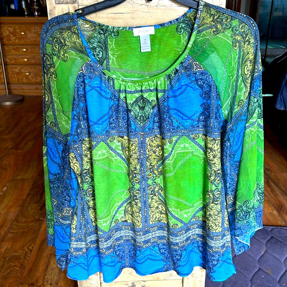 Chico’s Women’s Green Blue Boho Abstract Geo Printed Beaded Bell Sleeve Blouse